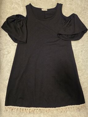 Black Cold-Shoulder Dress with Fringe Hem